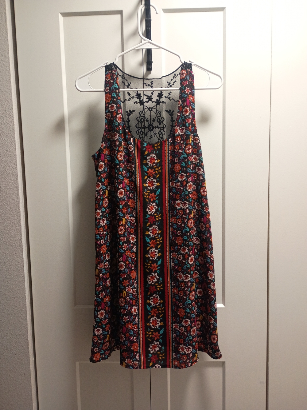 As U Wish Black Floral Stripe Mini Dress with Teal & Red Accents